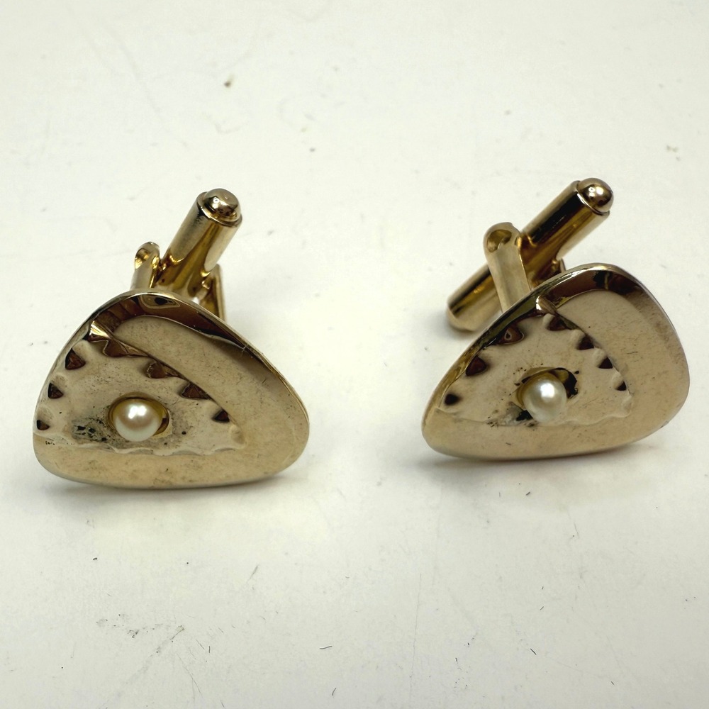 Vtg Mens Triangle Faux Pearl Accent Cufflinks Gold Tone Classic Jewelry 1 in
